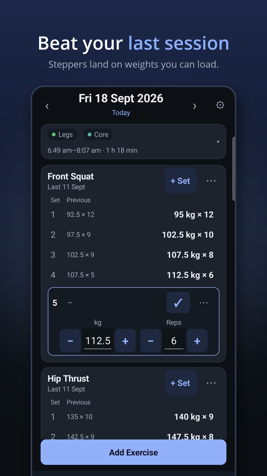 Beat your last session: steppers editing a set's weight and reps.